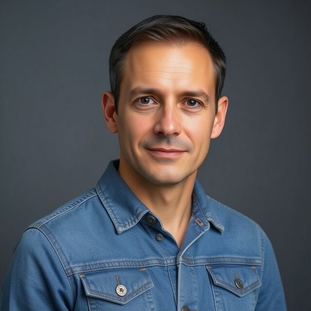 The same man wearing a denim jacket instead